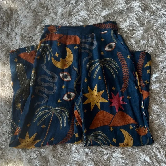 Celestial Print Bohemian Hippie Woman’s Flare Small Trousers in Blue & Orange - Picture 2 of 7